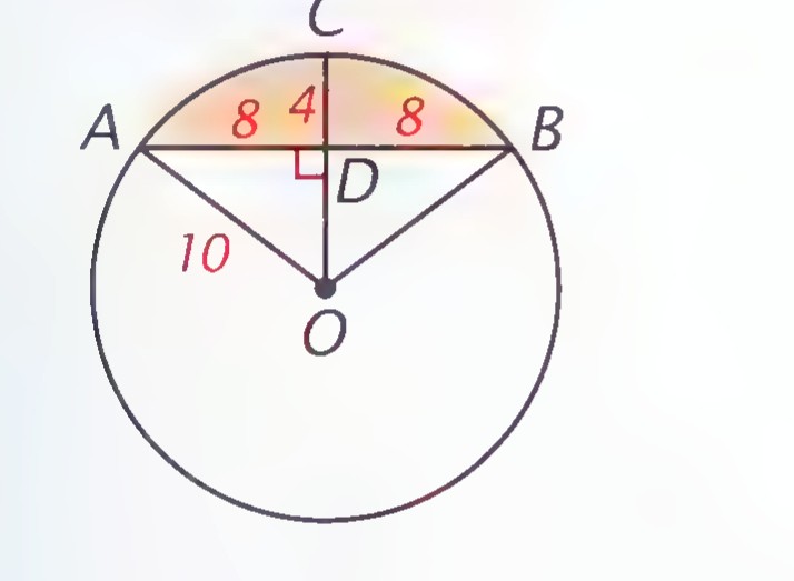 A circle with center O and chord AB; D lies on AB with AD = 8, DB = 4, and CD = 8 perpendicular to AB; radius OA is 10; the region between chord AB and the arc is shaded orange.