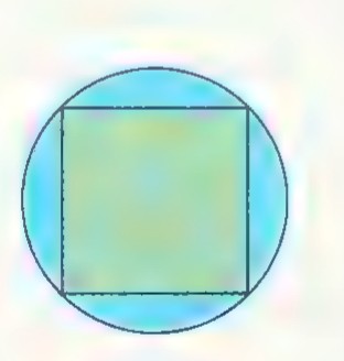 A circle with a square inscribed in it, the region between them shaded blue.