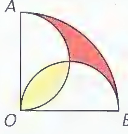 A quarter circle AOB again divided by arcs, with a yellow lens-shaped region and a large red region between two arcs.