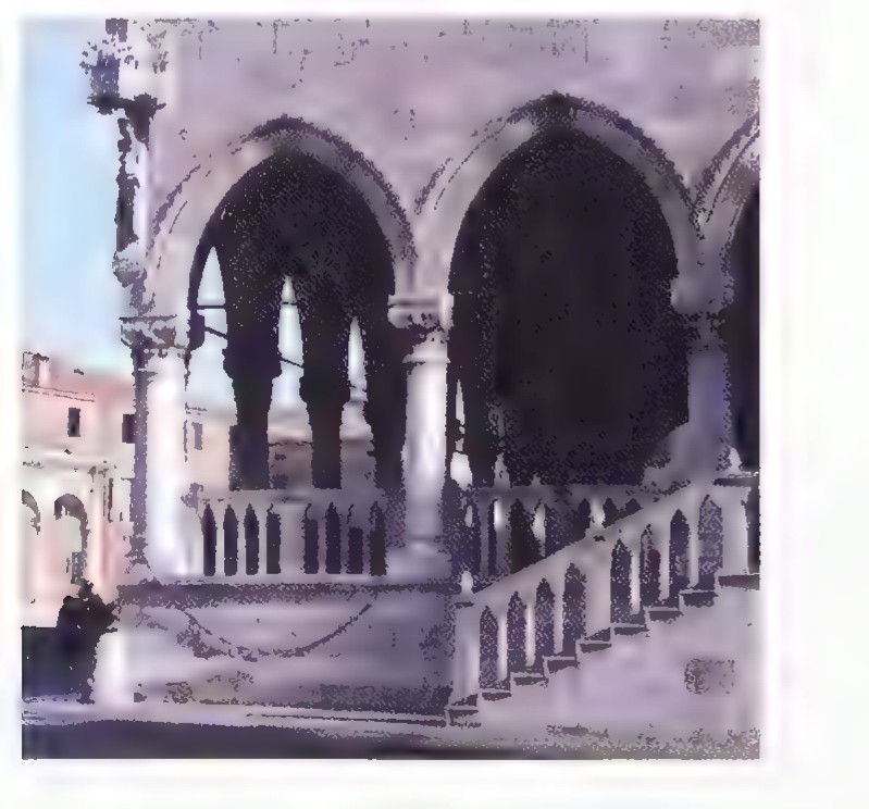 A photograph of a Venetian Gothic palace facade with pointed arches and a balustraded staircase in the foreground.