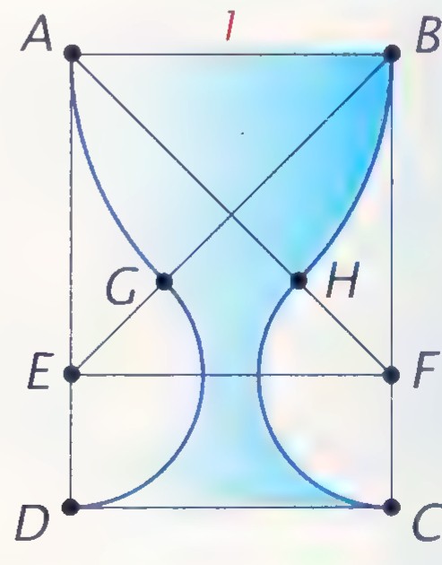 A rectangle ABCD divided by EF into a square ABFE and a rectangle EFCD, with the cup outline formed by arcs through G and H and the diagonals AF and BE drawn.