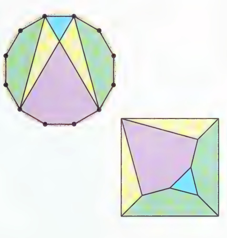 A regular dodecagon cut into six colored pieces—a blue triangle, green triangles, and a large pink pentagon—beside a square assembled from the same six pieces.
