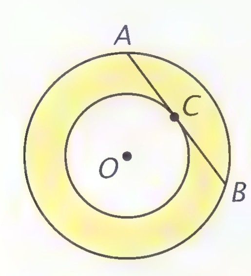 Two concentric circles with center O; chord AB of the large circle is tangent to the small circle at C, and the ring between the circles is shaded yellow.