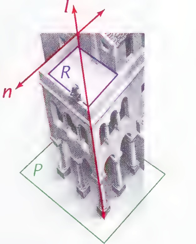 Detail of Escher’s picture with plane R above the parallel ground plane P, and a line n parallel to plane P.