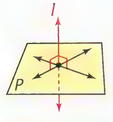 Plane P with line l perpendicular to it and four right angles marked at the point of intersection.