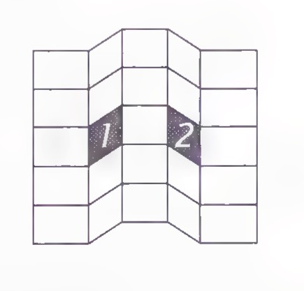 A line drawing of the same folded pattern with two adjacent regions numbered 1 and 2.