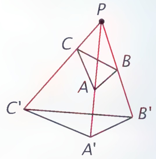 Triangle ABC inside triangle A’B’C’ with lines AA’, BB’, and CC’ meeting at point P.