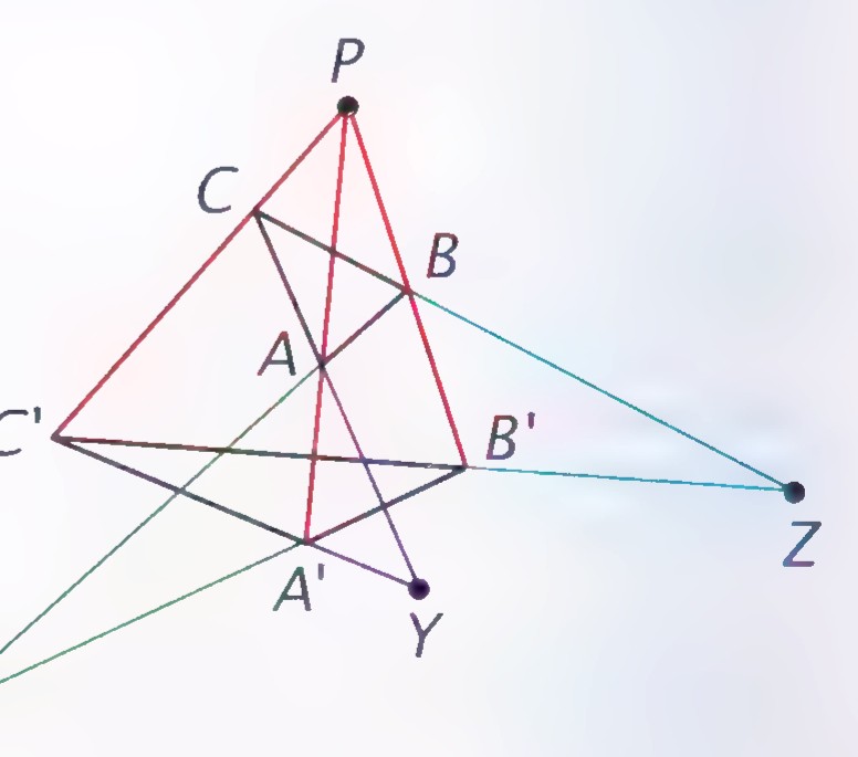 The two triangles in perspective with the lines containing corresponding sides meeting at points X, Y, and Z.