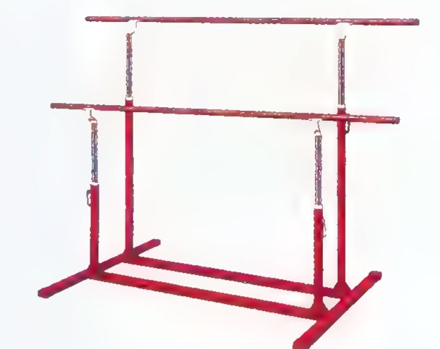 Drawing of the uneven bars: two horizontal bars supported by vertical posts on a base.