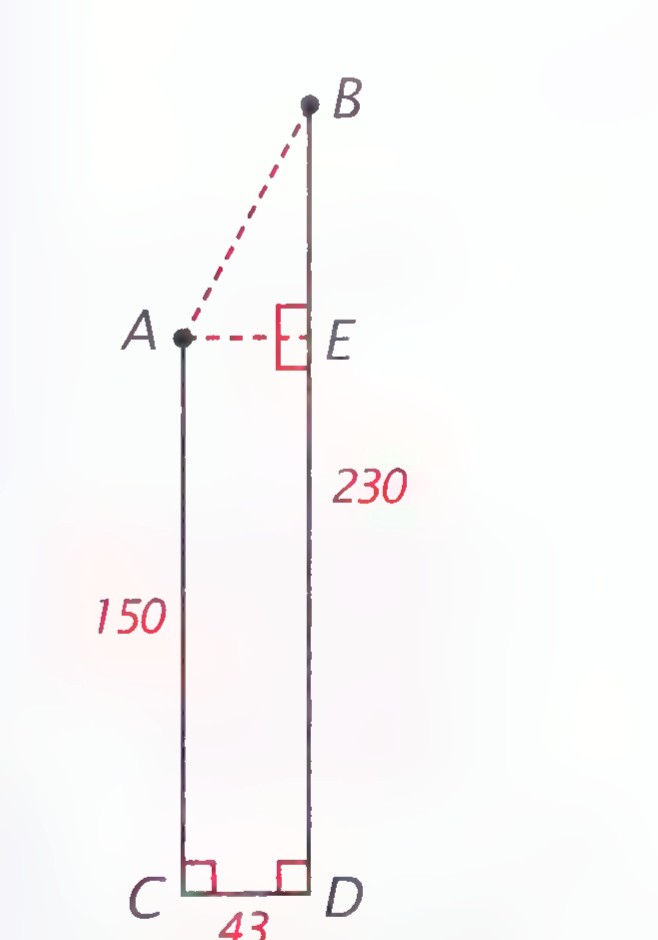 Side view of the bars: point A at the left bar and point B at the right bar, with the right bar 230 cm above the floor and the left bar 150 cm above the floor, and the horizontal distance CD between the bars 43 cm.
