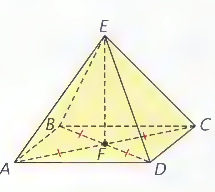 A pyramid with apex E above parallelogram ABCD; the diagonals AC and BD meet at F, and EF is drawn perpendicular to the base.