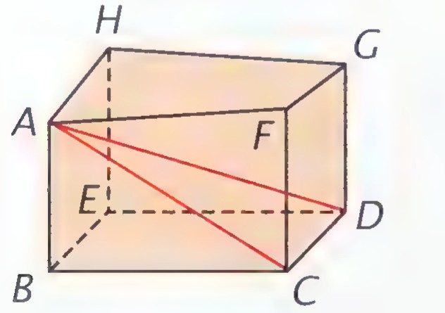 An open-topped box drawn in perspective with corners labeled A through H and the diagonal AC drawn in red.