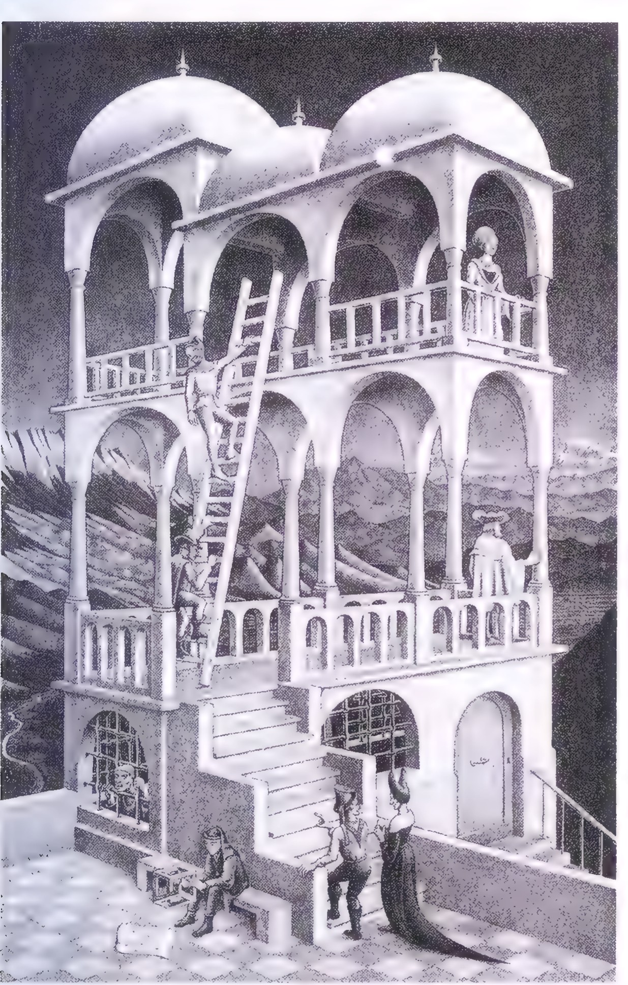 Escher’s Belvedere: a three-story building with open arcades, in which the pillars of the upper floor are drawn in front of the floor below and a ladder leans between two levels that cannot meet.