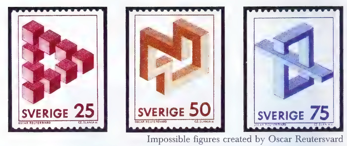Three Swedish stamps of 1982, each showing an impossible figure of cubes or beams in red, brown, or blue.