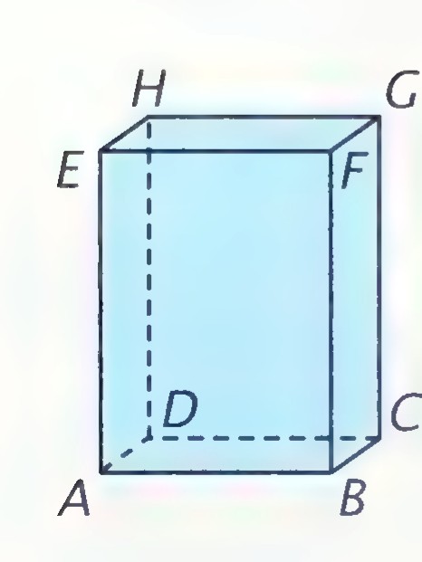 A rectangular solid with vertices labeled A through H; hidden edges are dashed.