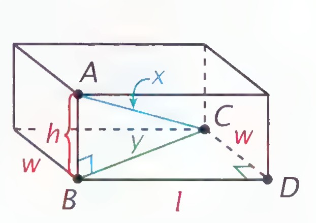 A rectangular solid labeled with height h, width w, length l, and a diagonal x from A to C, with y marking the diagonal of the base.