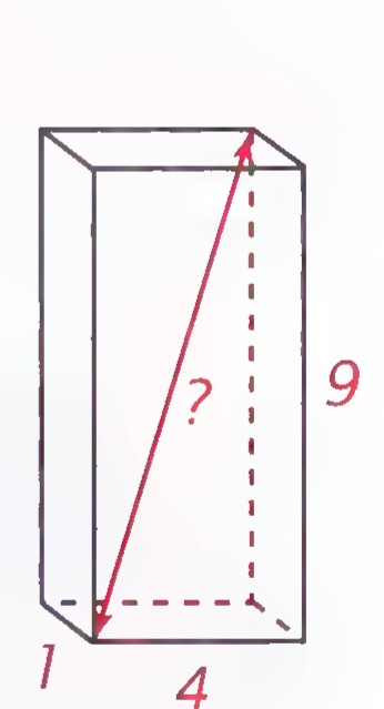 A rectangular solid 1 unit by 4 units by 9 units with a diagonal marked “?” inside it.