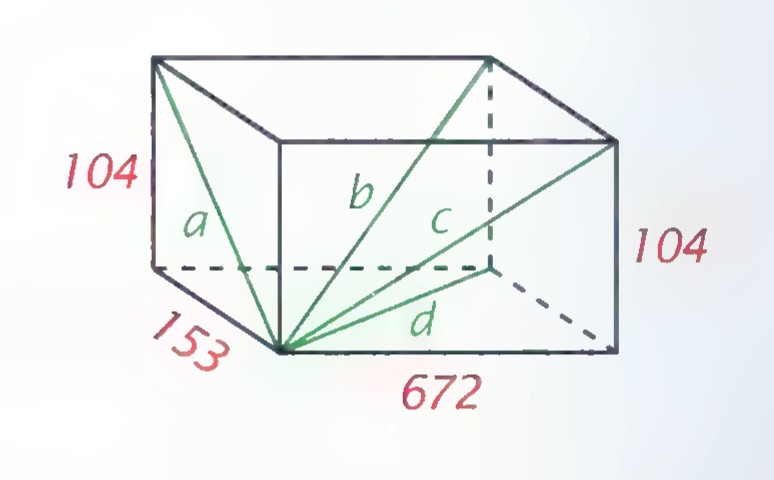A rectangular solid with edge lengths 104, 153, and 672 marked, and face and interior diagonals labeled a, b, c, and d.