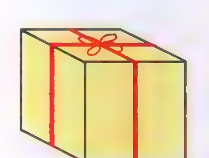 A cubic box tied with a red ribbon that crosses on the top and bottom.