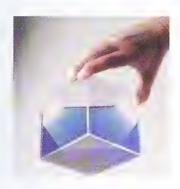 Photograph of a hand tilting a transparent cube half filled with blue liquid, showing the flat surface of the liquid inside.