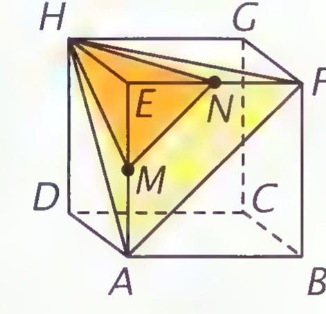A cube labeled A through H with points M and N at the midpoints of AE and EF, and the triangle HMN shaded.