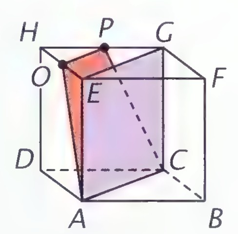 A cube labeled A through H with O and P at the midpoints of EH and HG and the quadrilateral ACPO shaded.