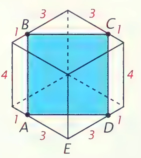 A cube seen along a diagonal, its outline a hexagon, with a blue square hole ABCD through it and edge lengths 1, 1, 3, 3, 4, 4 marked.