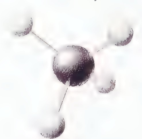 The ball-and-stick model of methane: a central dark carbon sphere joined to four smaller hydrogen spheres.