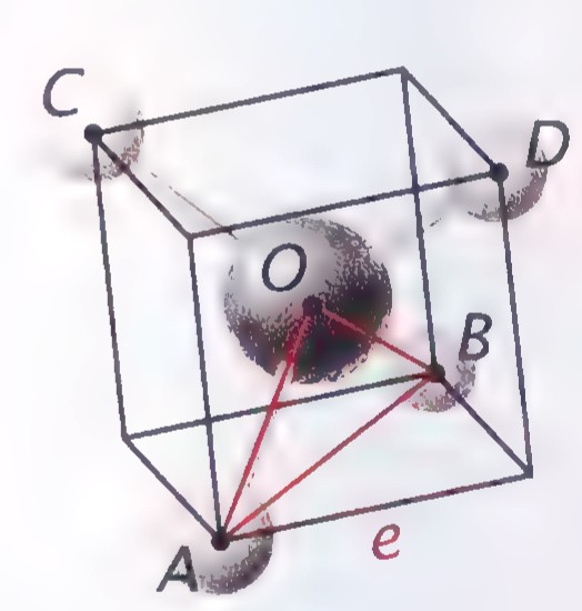 The methane model drawn inside a cube, with the carbon atom O at the center, hydrogen atoms at corners A, B, C, and D, and edge e marked.