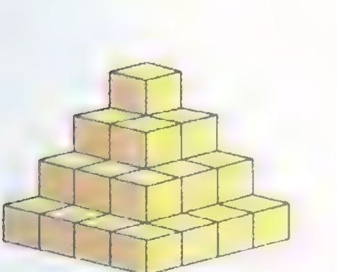 A pyramid-like tower of small cubes, four cubes wide at the base and one at the top.