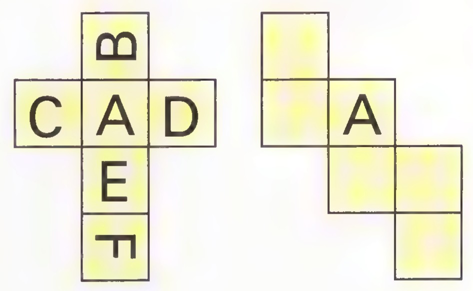 Two cube nets: the left one lettered B on the top square, C, A, D across the middle row, E below, and F at the bottom; the right one has only the letter A in its middle row.