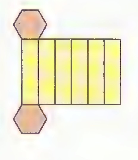 A net for a hexagonal prism: six yellow rectangles in a row with a tan hexagon above and below.