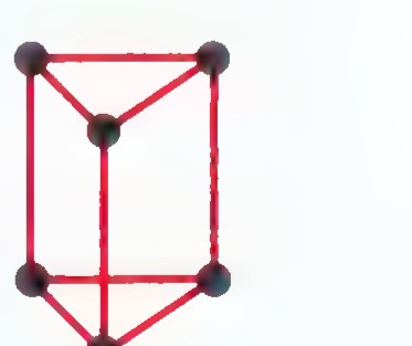 A molecular model of prismane: a triangular prism drawn in red with black spheres at its six vertices.