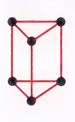 A molecular model of prismane drawn as a triangular prism in red with black spheres at its six vertices.