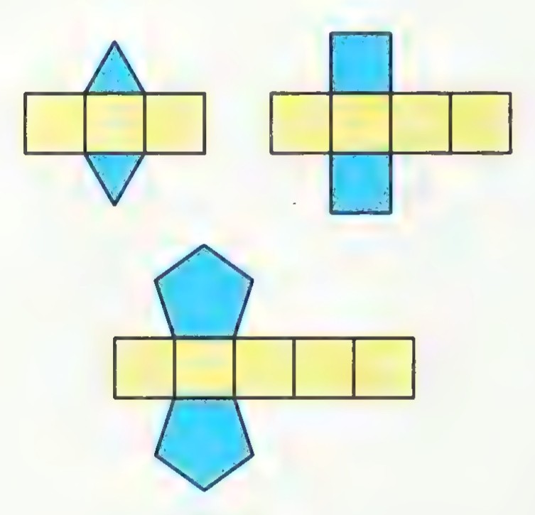 Three nets of prisms: a triangular prism net, a cube net, and a pentagonal prism net, each with blue bases and yellow lateral faces.