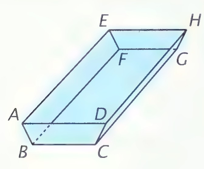 A trough shaped as a prism with trapezoid ends, with vertices labeled A through H and the hidden edges dashed.