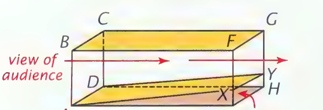 A box drawn in perspective with a false bottom, labeled “view of audience” at the left and “hiding space” at the lower right, with points A through Y.
