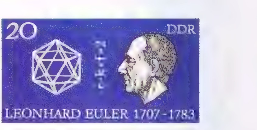 East German postage stamp labeled 20 and DDR, showing a wire-frame icosahedron and a portrait of Leonhard Euler with the dates 1707–1783.