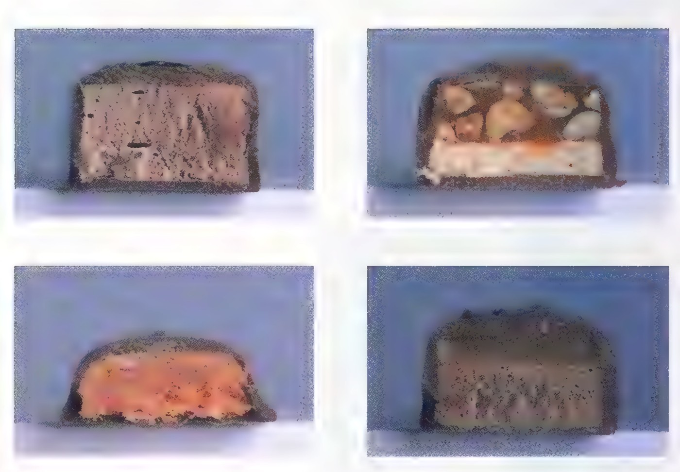 Photographs of the cross sections of four candy bars, arranged in a two-by-two grid.