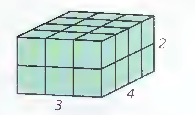 A rectangular solid divided into 24 unit cubes, with dimensions 3, 4, and 2.