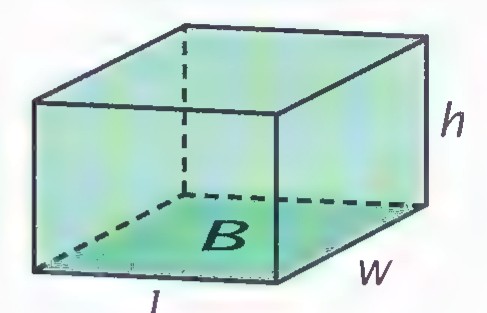 A rectangular solid labeled with length l, width w, height h, and base area B.