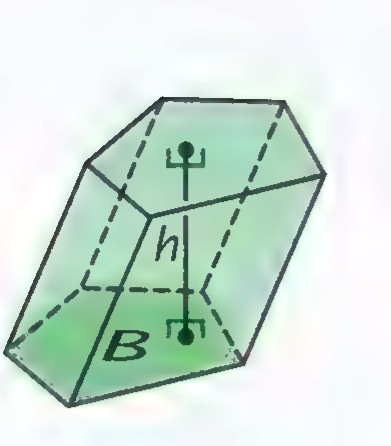 An oblique prism with its base area labeled B and an altitude h drawn to the base.