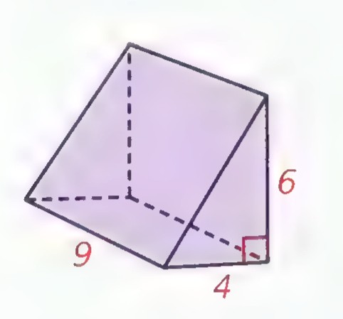 A right prism with purple faces whose triangular bases have legs 9 and 4 and altitude 6.
