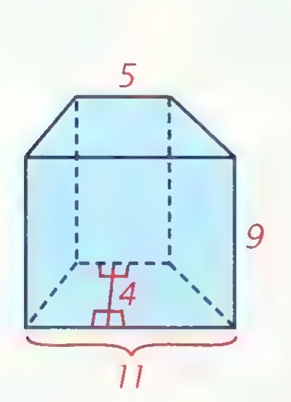 A right prism with blue faces whose trapezoid bases have parallel sides 11 and 5 and altitude 4, and whose height is 9.