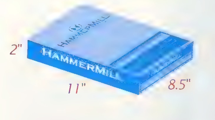 A ream of Hammermill paper drawn as a rectangular solid labeled 2”, 11”, and 8.5”.