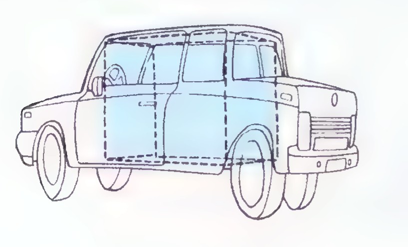 A line drawing of a car in side view, with dashed lines outlining its passenger compartment.