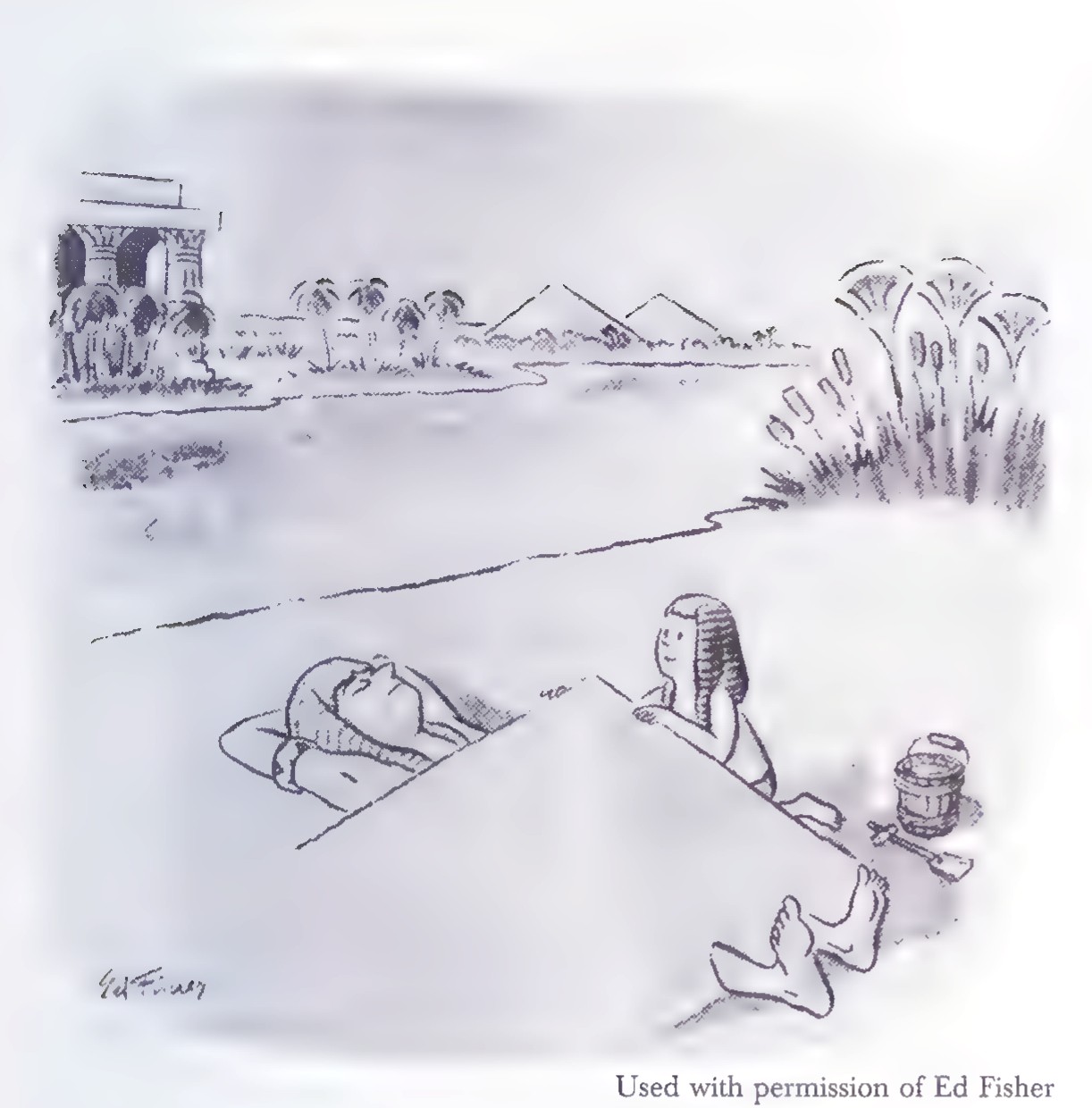 Cartoon: two Egyptians beside the Nile, one lying on the ground while the other takes notes; pyramids and a temple are in the background.