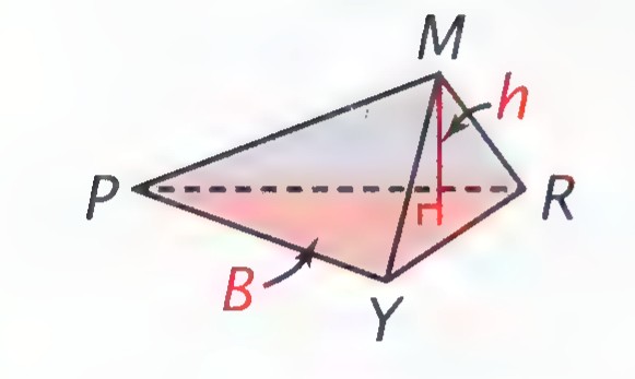 A pyramid PYRM with altitude h drawn from apex M to the base.