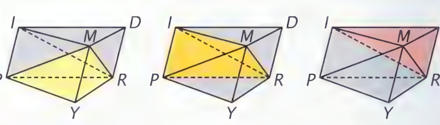 The prism cut into three pyramids, shown in three separate views highlighting the original pyramid in yellow and then in red.