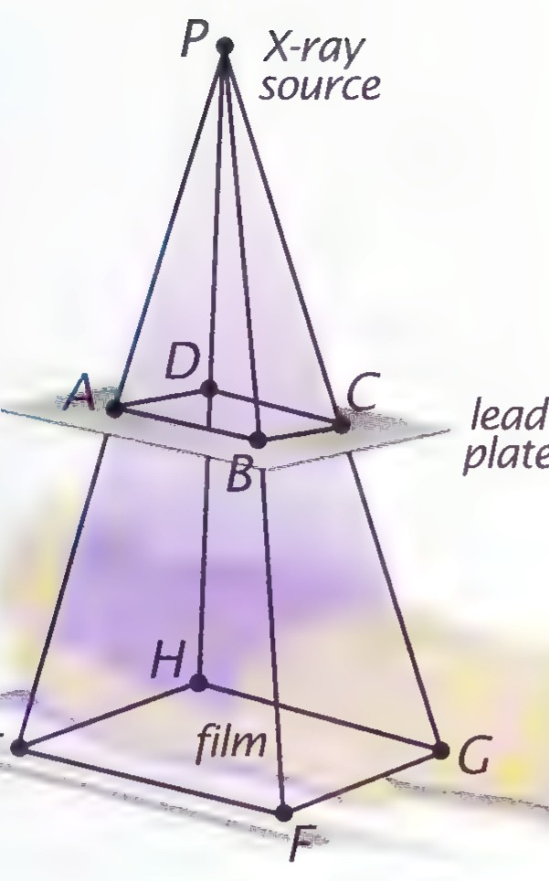 An X-ray beam drawn as a pyramid from the source P through points A, B, C, D in a lead plate to the film EFGH below.